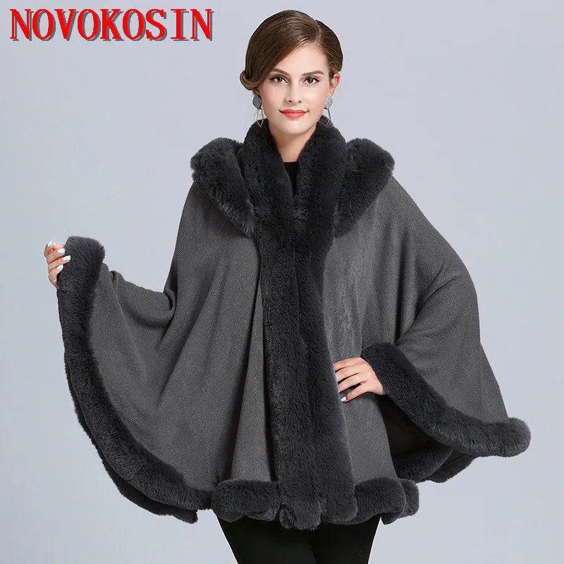 (Copy) 5 Color Winter Thick Warm Grey Black Poncho Cape Women Faux Fur Neck Knitted Cloak Big Pendulum Loose Cardigan Coat With Hat