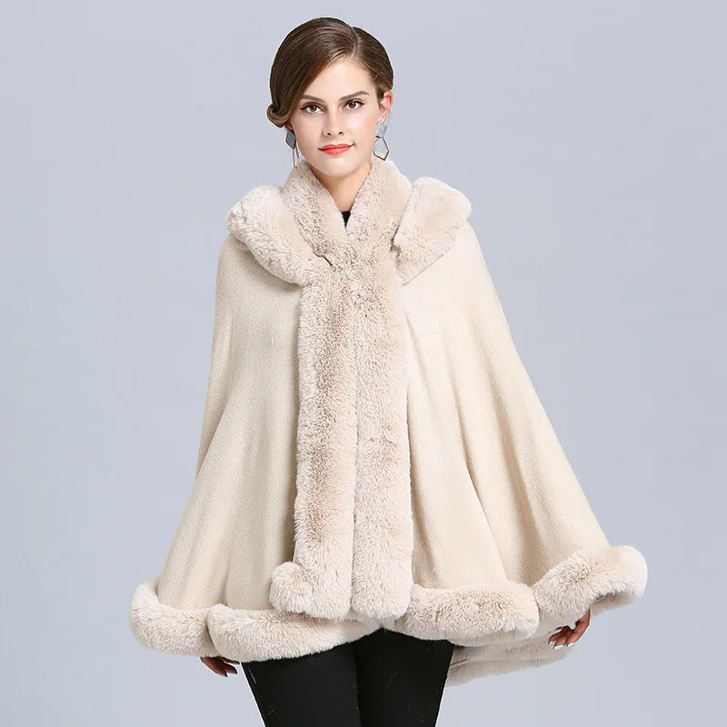 (Copy) 5 Color Winter Thick Warm Grey Black Poncho Cape Women Faux Fur Neck Knitted Cloak Big Pendulum Loose Cardigan Coat With Hat