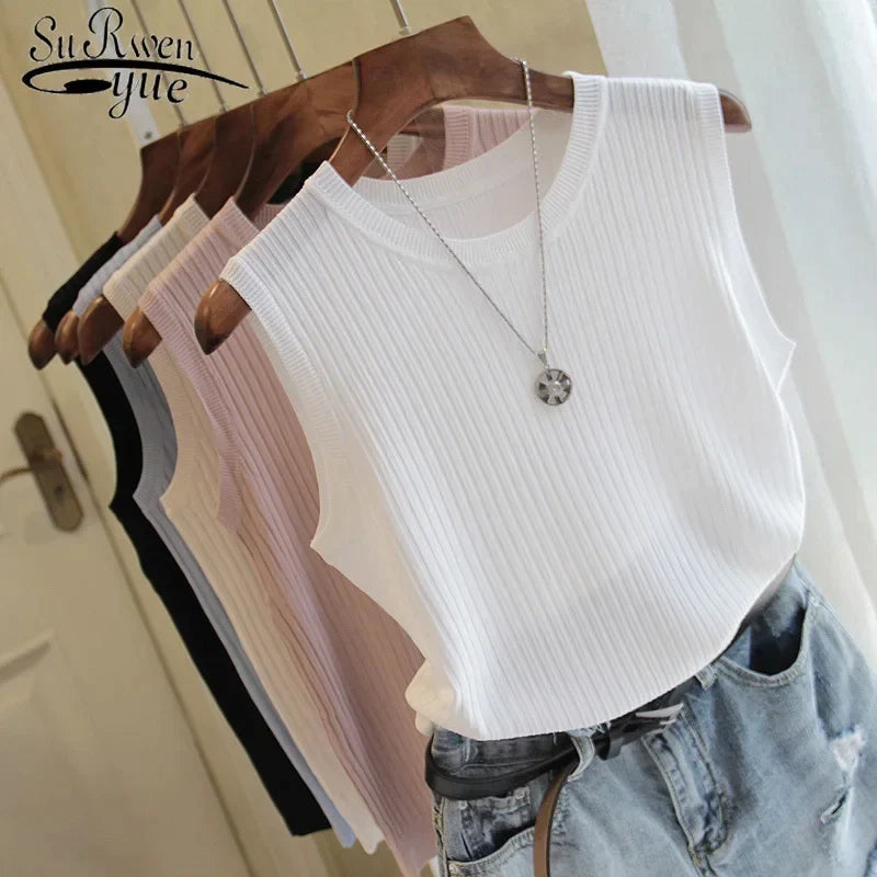 (Copy) Knitted Vests Women Top O-neck Solid Tank Blusas Mujer De Moda Spring Summer New Fashion Female Sleeveless Casual Thin Tops 4588