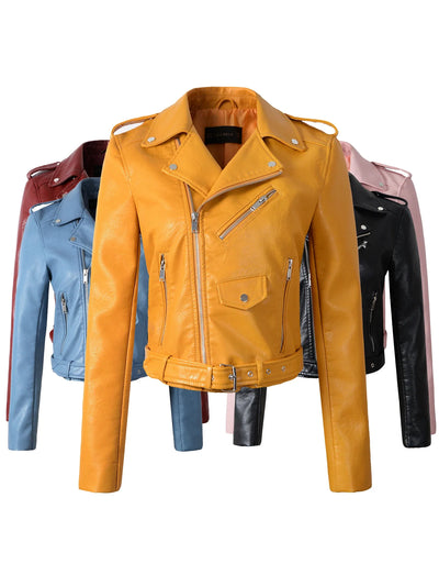 (Copy) New Arrival 2022 brand Winter Autumn Motorcycle leather jackets yellow leather jacket women leather coat  slim PU jacket Leather