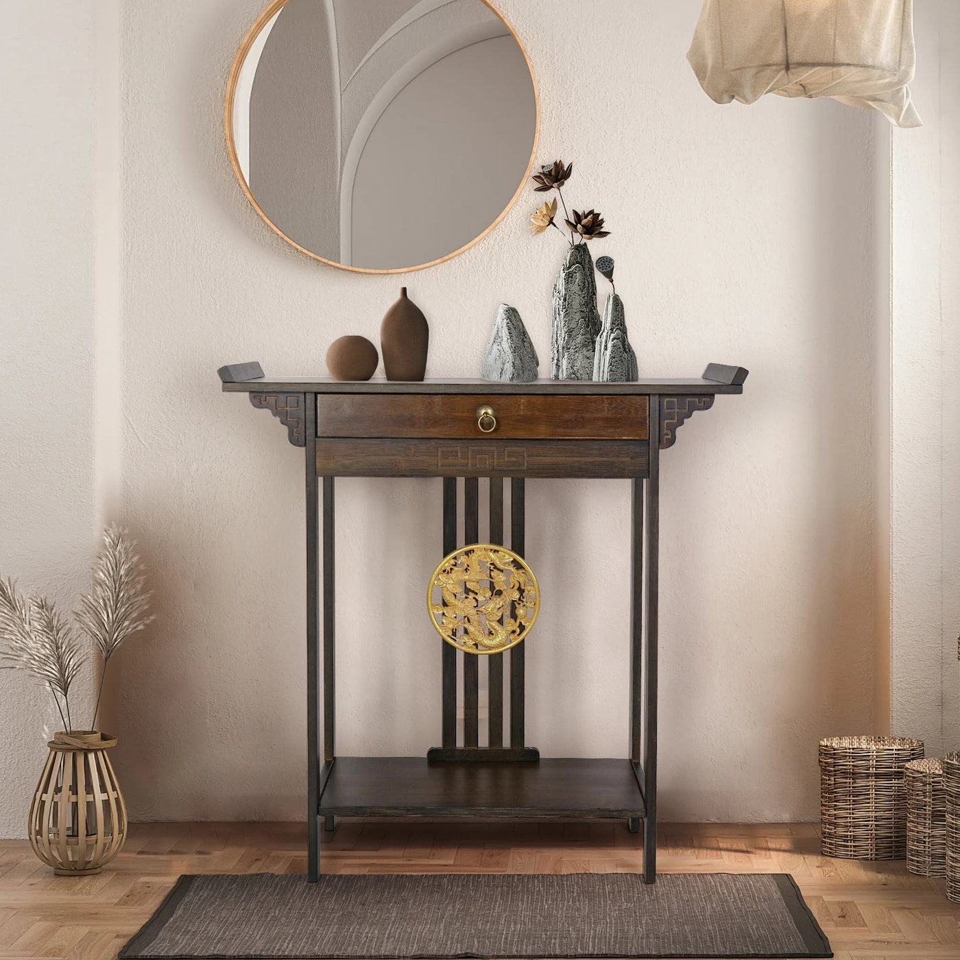 (Copy) Vintage Rustic Console Table Hall Console Table Luxurious Totem Decor with Pull Drawer & Shelf Living Room Furniture